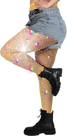 DancMolly 10X Strong Ultra Sparkly Rhinestone Fishnet Stockings, Plus Size Sparkle Tights for Women Sexy Party Concert Outfit