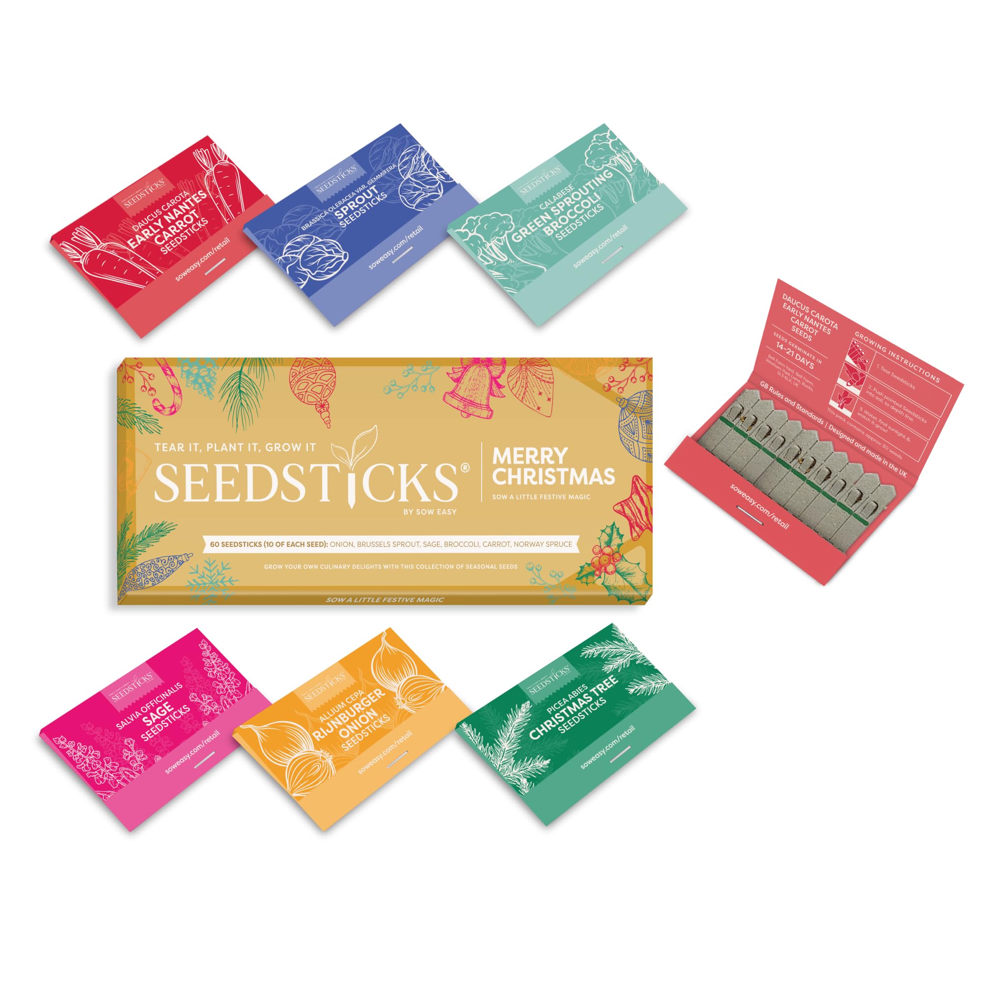 Seedsticks Christmas Grow Your Own Garden Kit - Festive Vegetable & Herb Seeds - Carrot Brussels Sprout Sage Onion & Norway Spruce - Easy Winter Garden Gift Set