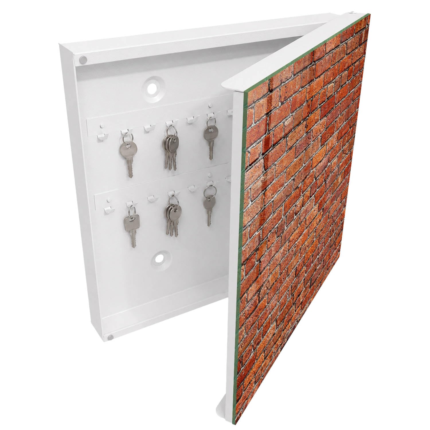 Armadietto Portachiavi 30x30 cm | Bianco | A Destra | Montaggio a Parete | Muro di mattoni | in Metallo | per Uffici | Tasselli e Viti Inclusi | Frontale Decorativo in Vetro Temperato