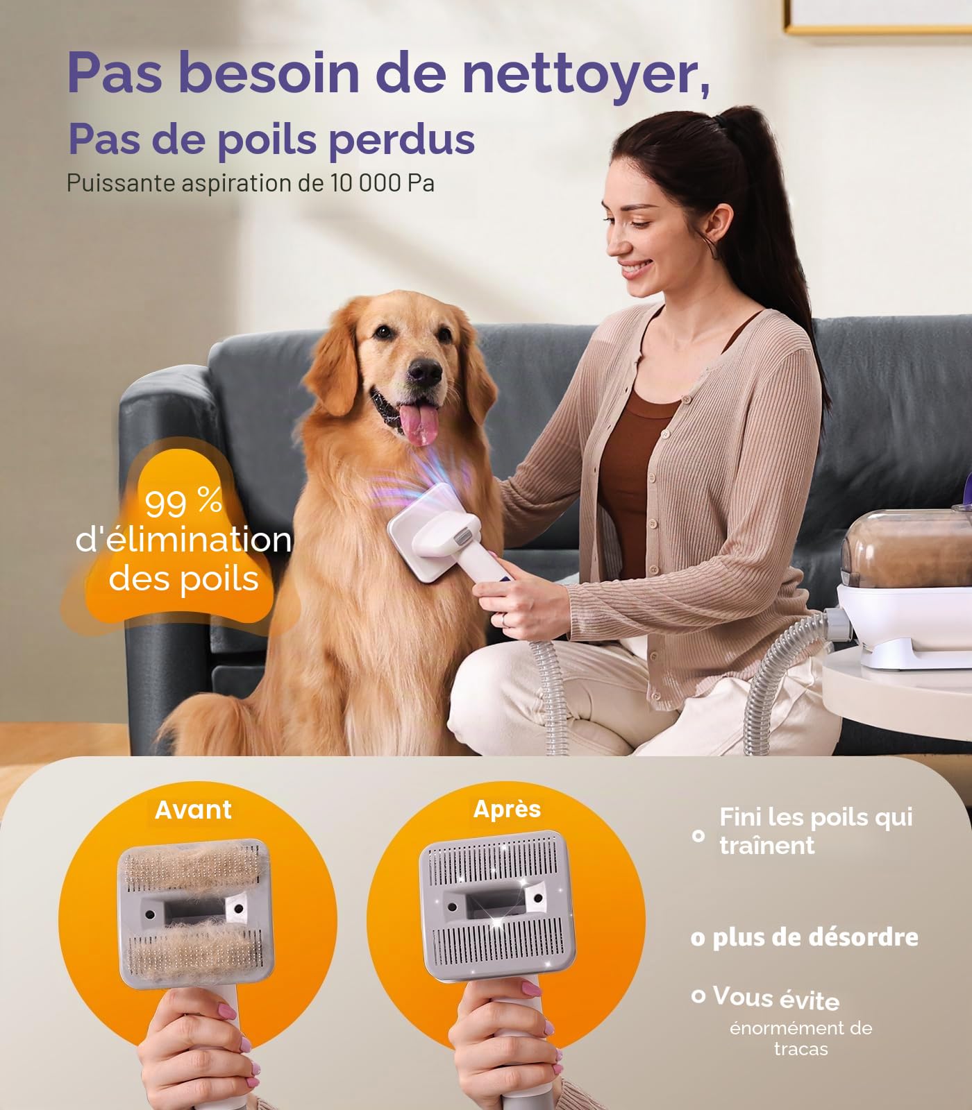 oneisall Aspirateur pour chiens avec brosse,Puissance d'aspiration élevée Brosse pour chiens aspirateur avec 12000 Pa,Aspire 99.99% des poils d'animaux (1,5L) avec 4 accessoires d'entretien(Pourpre)