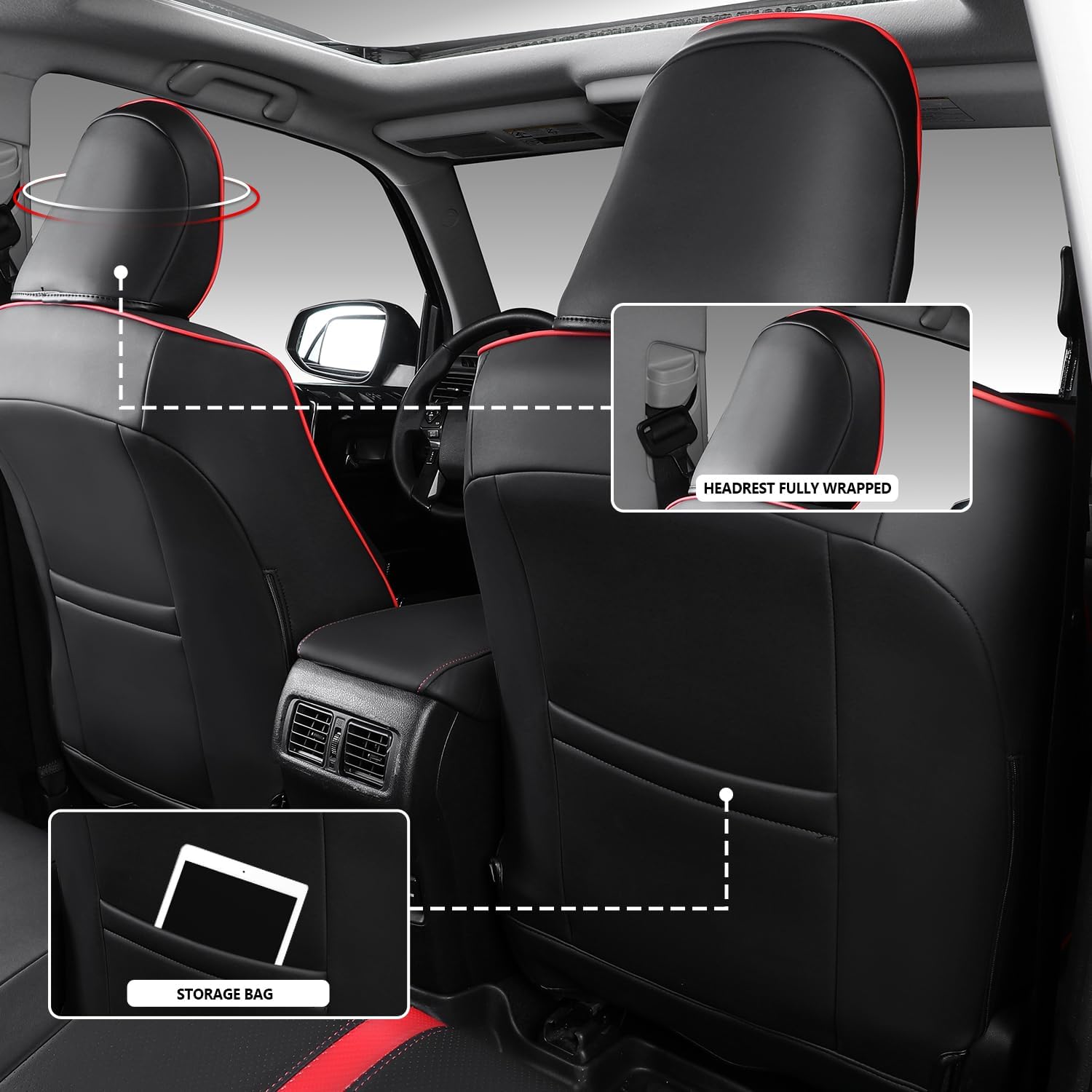 PTYYDS Seat Covers Compatible with 2011-2024 Toyota 4Runner Seat Covers 2-Row Leather Covers Replacement for 2011-2024 Toyota 4Runner Accessories(2-Row,5 Seats Model ONLY,Full Set,Black+Red)
