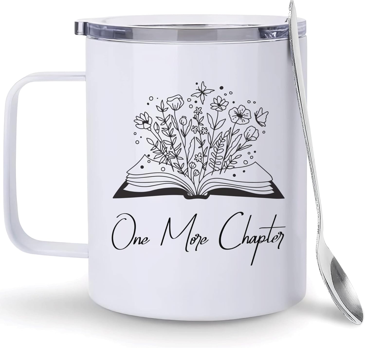 Hyturtle Book Coffee Mug With Lid & Spoon Gifts For Book Lovers, 12oz Insulated Stainless Steel, Christmas Birthday Gifts For Librarians, Readers, One More Chapter Gift Coffee Tea Travel Cup