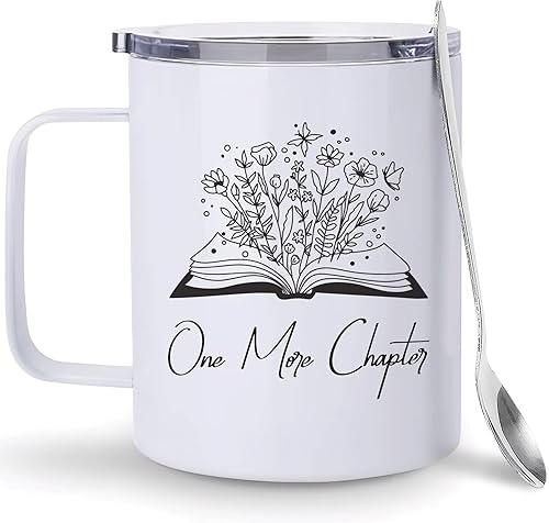 Hyturtle Taza de Café para Libros con Tapa y Cuchara, Regalos para Amantes de los Libros, Acero Inoxidable Aislado de 12 onzas, Regalos de Navidad y