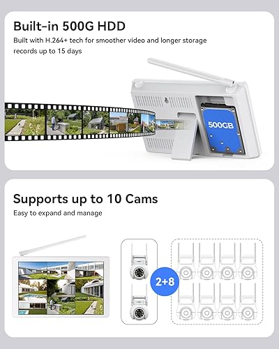 Miniatura 6 de Sistema de cámaras de seguridad inalámbrico con monitor LCD de 10", 2PCS cámaras PTZ para exteriores de 3MP para vigilancia doméstica, NVR de 10CH