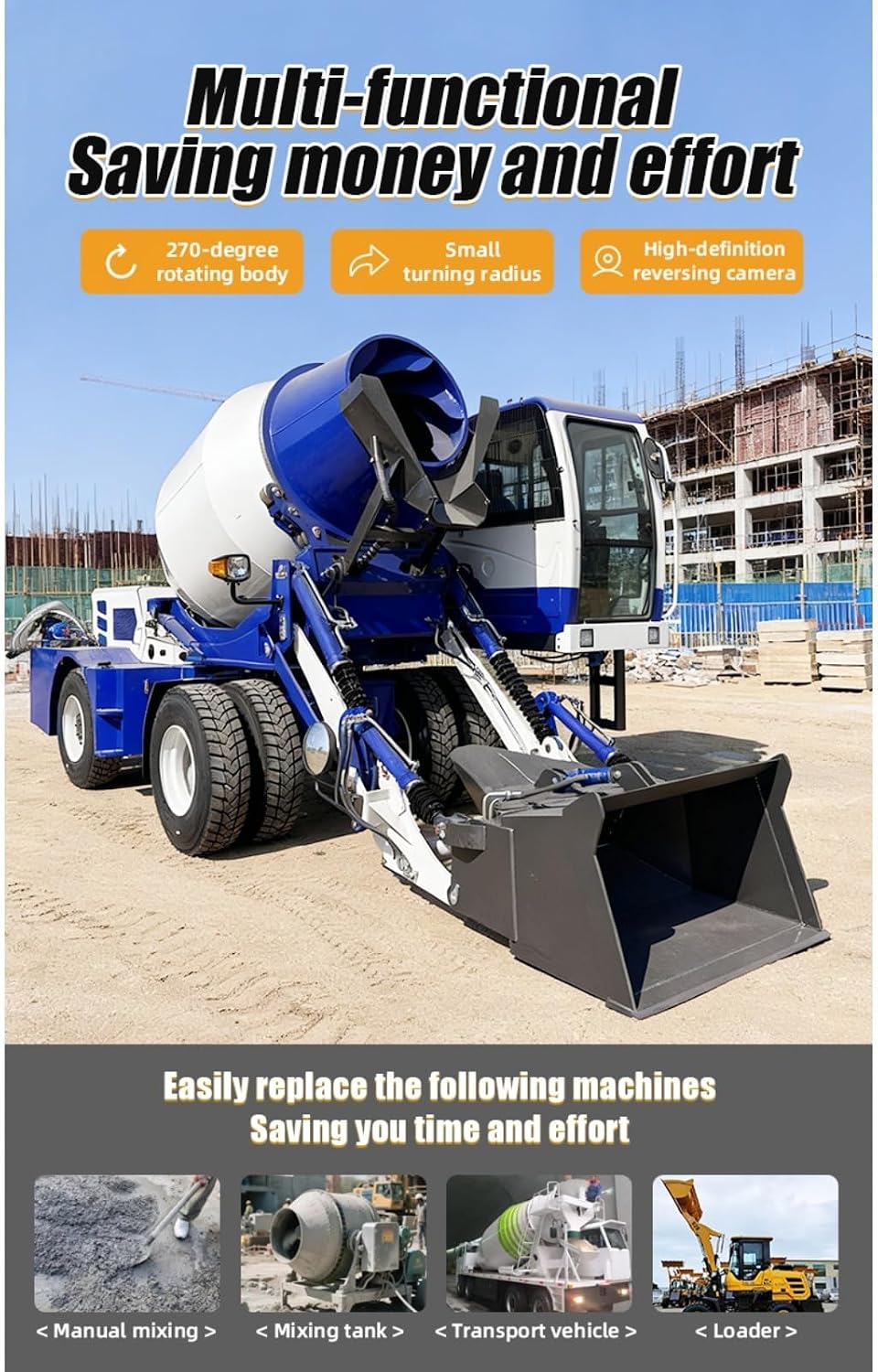 Integrated Self-Loading Concrete Mixer Truck with Enhanced Drum Power for Small Infrastructure and House Projects