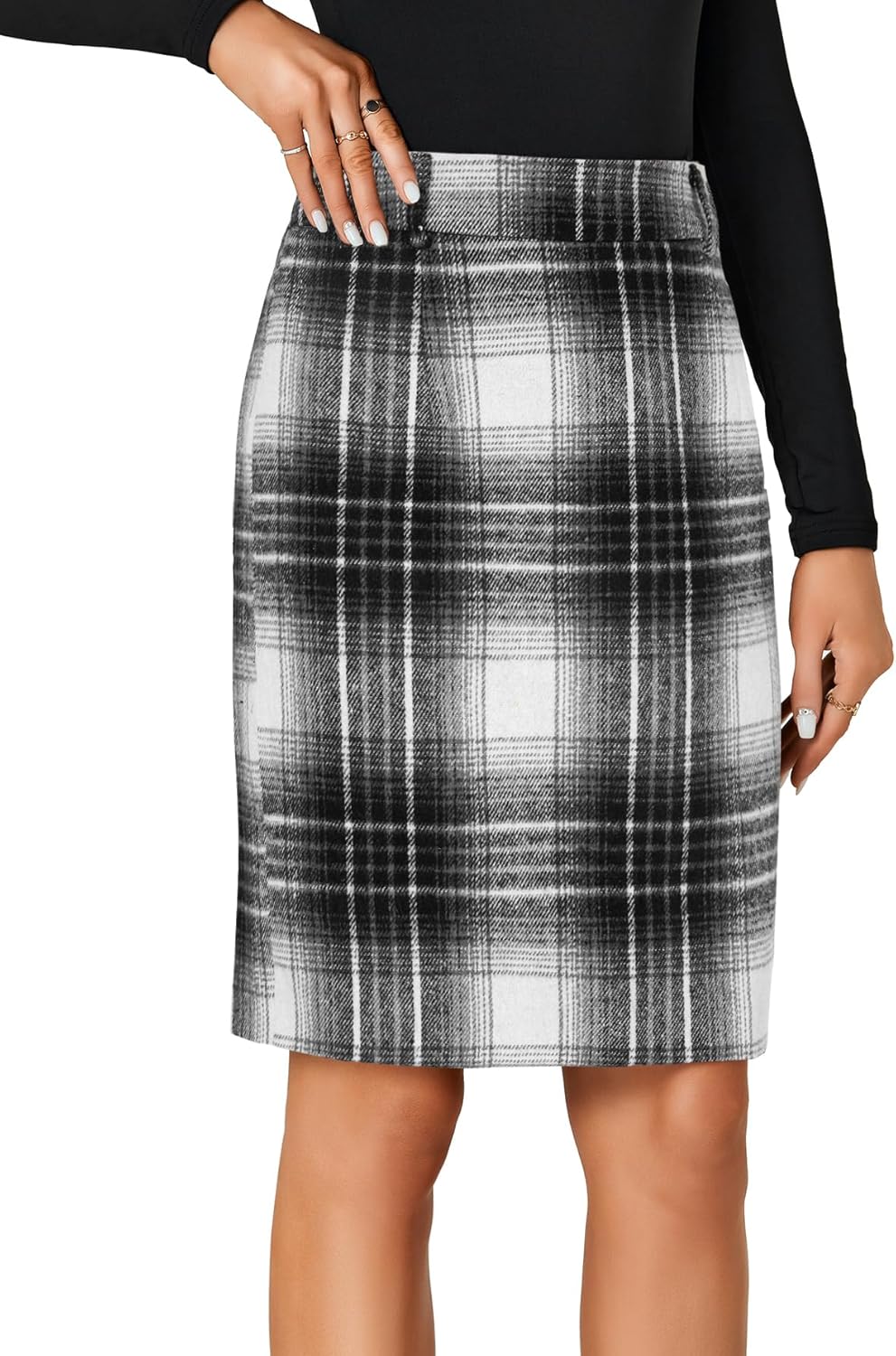 LYANER Women's Wool Plaid Print High Waist Zipper Bodycon Fall Pencil Midi Skirt Knee Length - Image 3