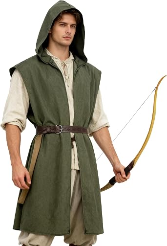 Mens Medieval Hooded Surcoat for Halloween Cosplay Viking & Assassin Costume Renaissance Sleeveless Tunic Tabard Cloak