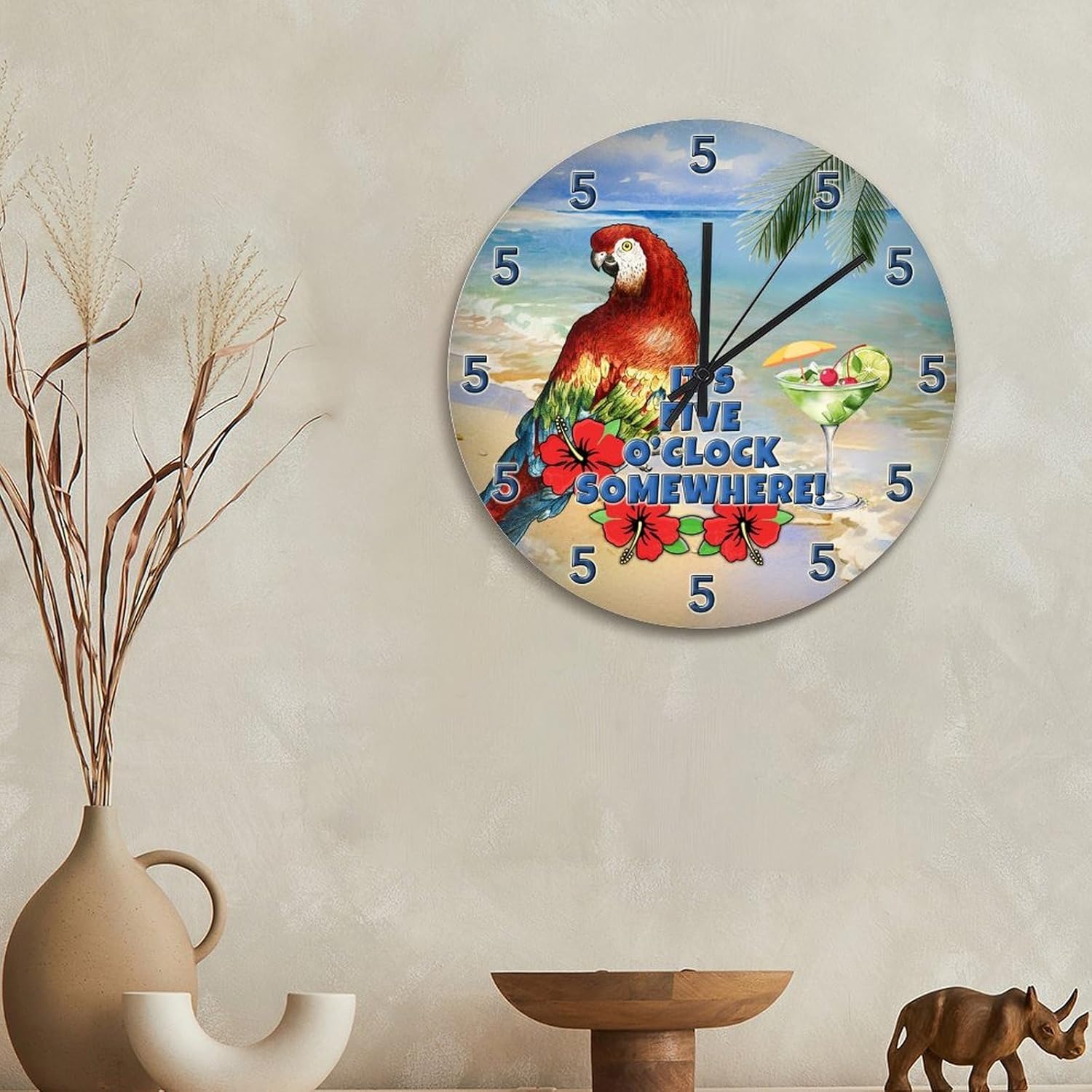 ArogGeld 5 O'Clock Somewhere 15 Inch Large Wall Clocks Battery Operated Silent Parrot Martini Time Clock Wall Art Modern Farmhouse Home Decor for Bedroom Living Room Kitchen School Office