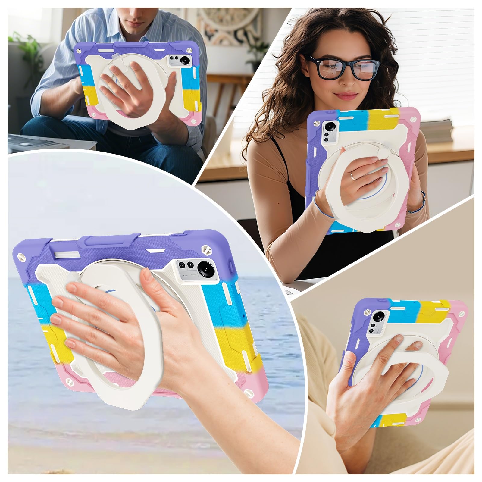Custodia robusta per Xiaomi Mi Pad 5 Pro 12,4 pollici, supporto girevole a 360°, tracolla, portapenne e anello di presa, copertura antiurto per bambini e adulti (rosa viola)