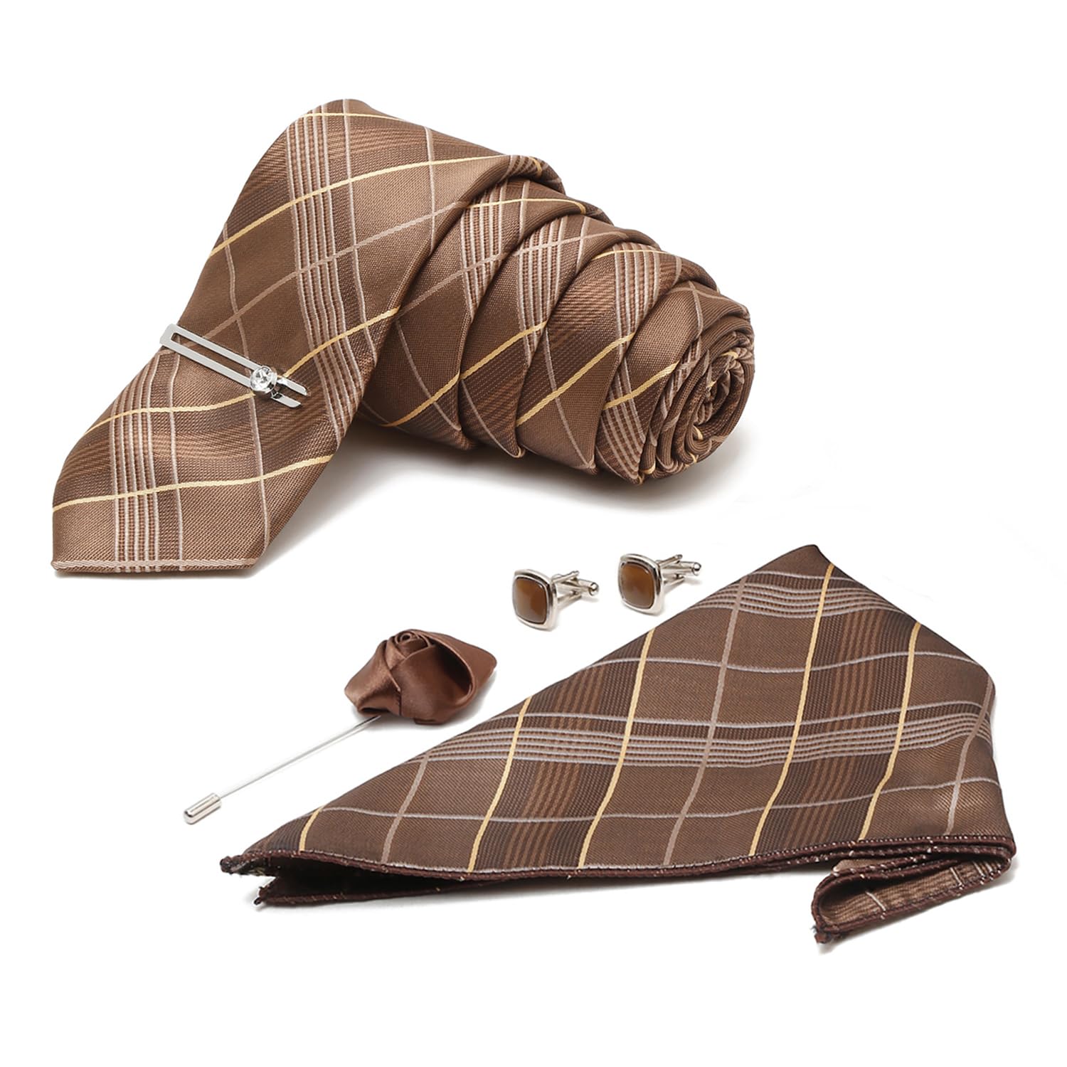 Mens Checkered Italian Silk Necktie Set Incl Pocket Square Cufflinks Chrome Tiepin Brooch American Style Formal Tie Gift Set for Men (TECH-CP-#)-image-8