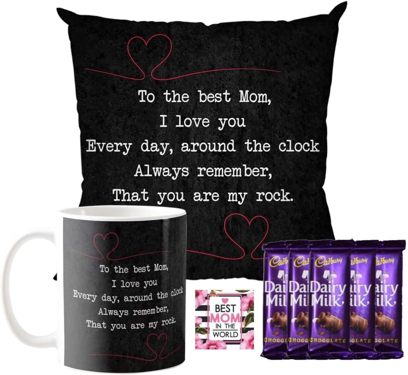 YaYa cafe™ Mother's Day Chocolate Gifts Combo for Mom - Happy Mother's Day Mug, Cushion Cover, 5 Dairy Milk Chocolate, with Coaster