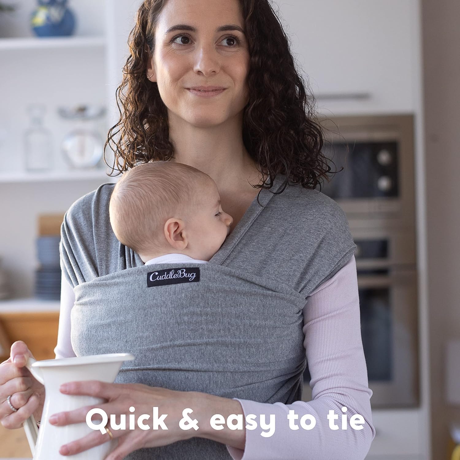 71S7elu401L._AC_SL1500_ CuddleBug Baby Wrap - Hands-Free Baby Wrap Carrier - Soft & Stretchy Wrap - Baby Carrier Newborn to Toddler 7-35 lbs - One-Size-Fits-All Baby Holder Wrap - Hip-Healthy Baby Wrap Sling (Grey)