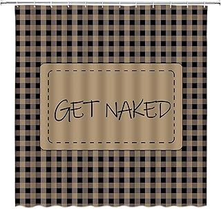 Get Naked Plaid Shower Curtain Funny Quote Brown Black Buffalo Check Plaid Geometry Rustic Vintage Farmhouse Bathroom Home Curtain Decor with Hooks,70" Wx70 H