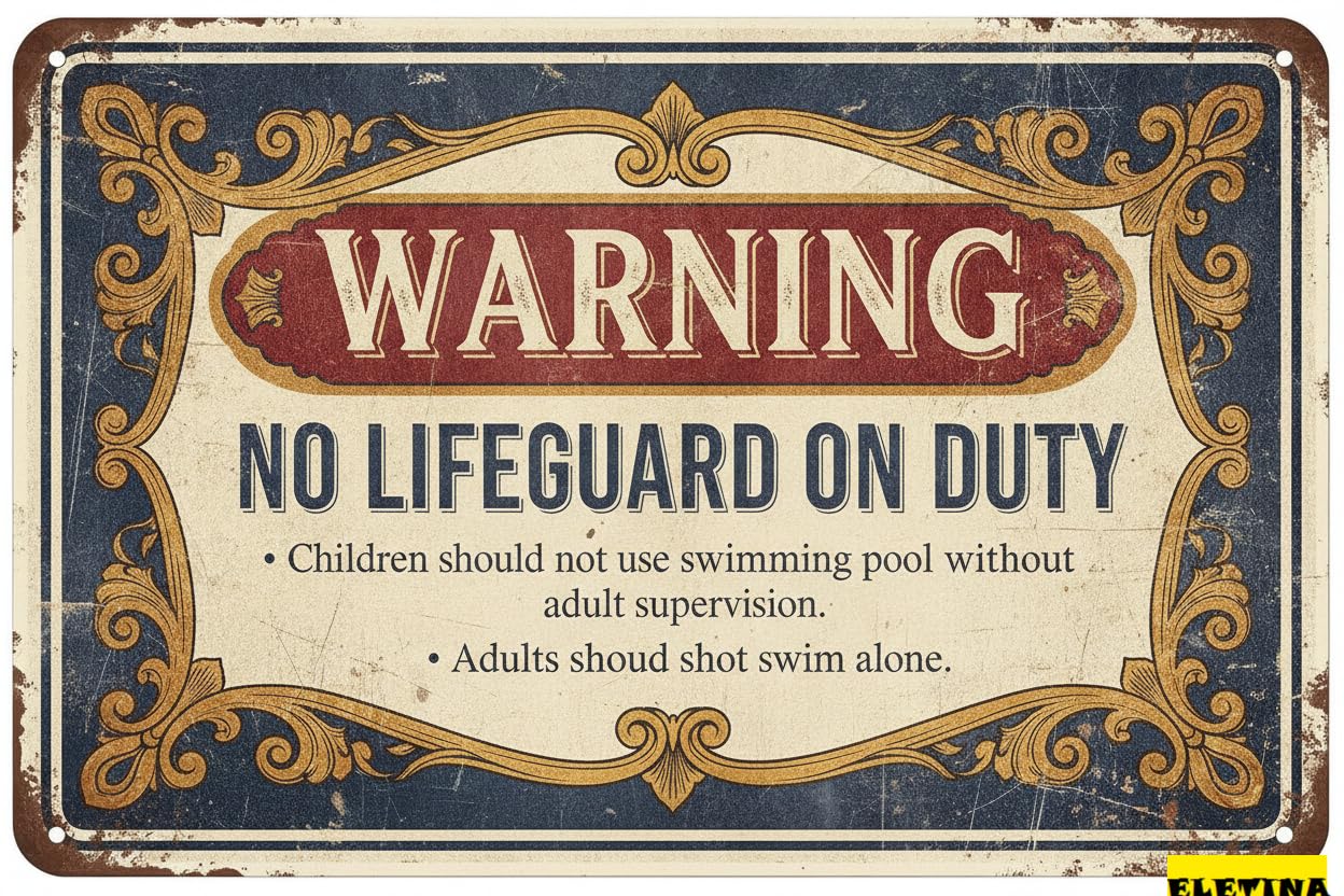 No Lifeguard On Duty Metal Warning Tin Sign Weather Resistant UV Protected Rust Free Home Business Driveway 8x12in