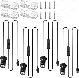 Lot de 4 spots LED pivotants à 360° - 5 V 1 W - Avec 4 supports de câbles - USB à intensité variable - En aluminium - Pour armoire, images, étagère, décoration (4000 K blanc neutre)