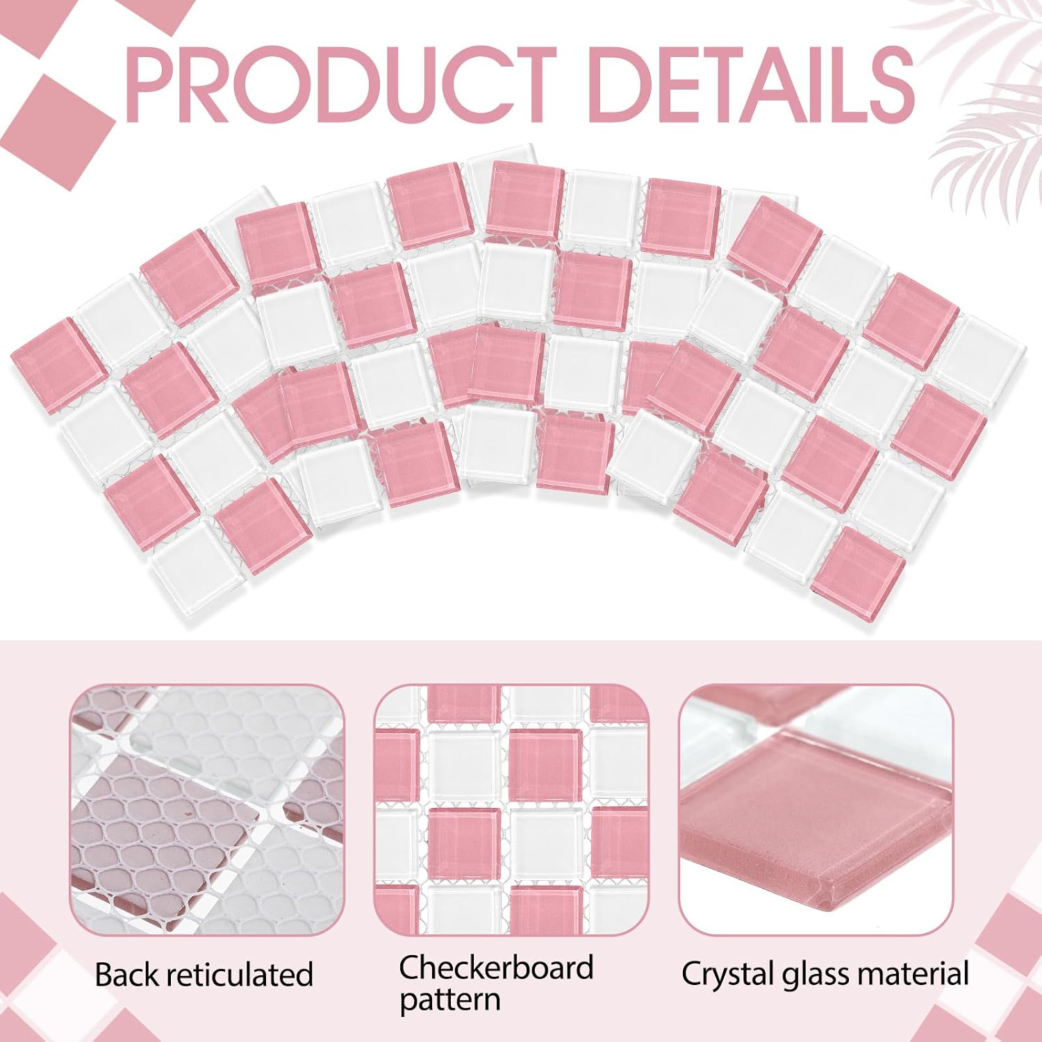 Queekay 6 Pcs Pink White Glass Coasters, 4" Checkered Drink Coaster Set image 3