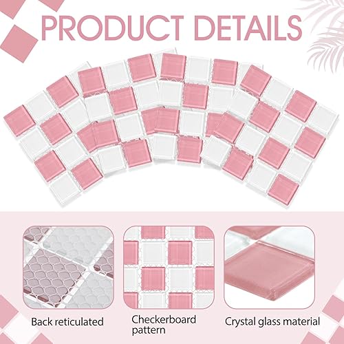 Miniatura 3 de Queekay Juego de 6 posavasos a cuadros rosa y blanco para bebida, 4 pulgadas, cuadrado de vidrio, para mesa, bar, decoración del hogar, idea de