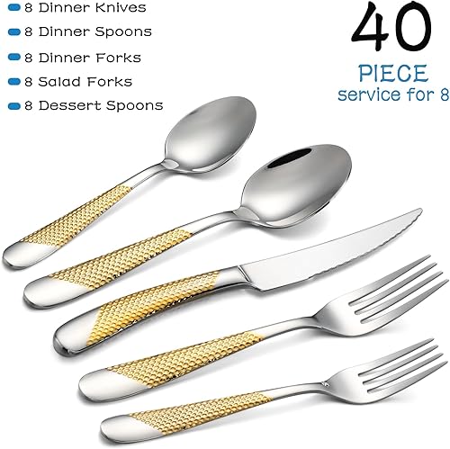 Miniatura 3 de Juego de cubiertos de acero inoxidable de 40 piezas, incluye cuchillos, cucharas, tenedores, utensilios de cocina, juegos de cubiertos para el