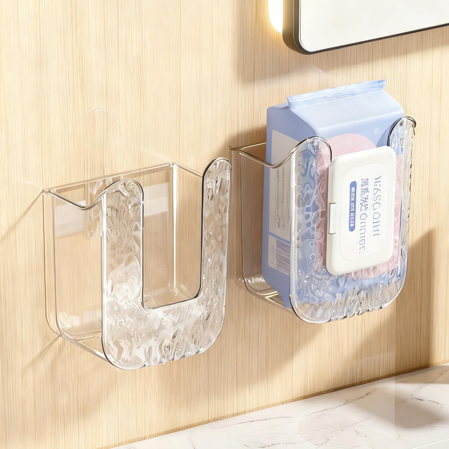 Wall Mounted Tissue Box Holder, Clear Plastic Storage Organizer for Bathroom Kitchen Toilet, No Drill Installation