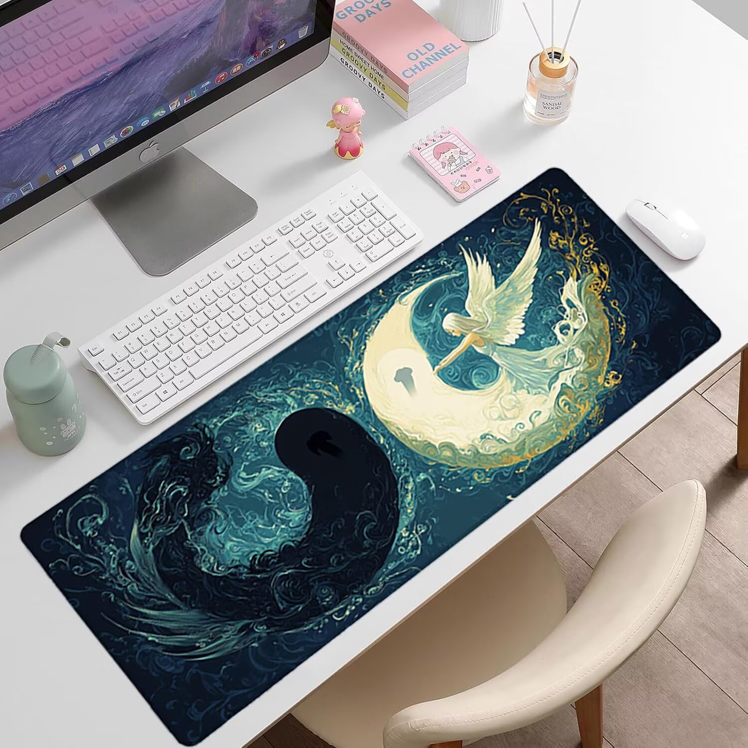 Podkładka pod mysz XXL Angel - 1600x800x3mm - niebieska duża mata na biurko z przeszytymi krawędziami i antypoślizgowa wodoodporna do komputera, laptopa poprawia precyzję i szybkość. -36186