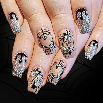 24pcs Glitters False Nails Halloween Spiders Web Heart Art Press On Nails Tips Party Beauty Accessories
