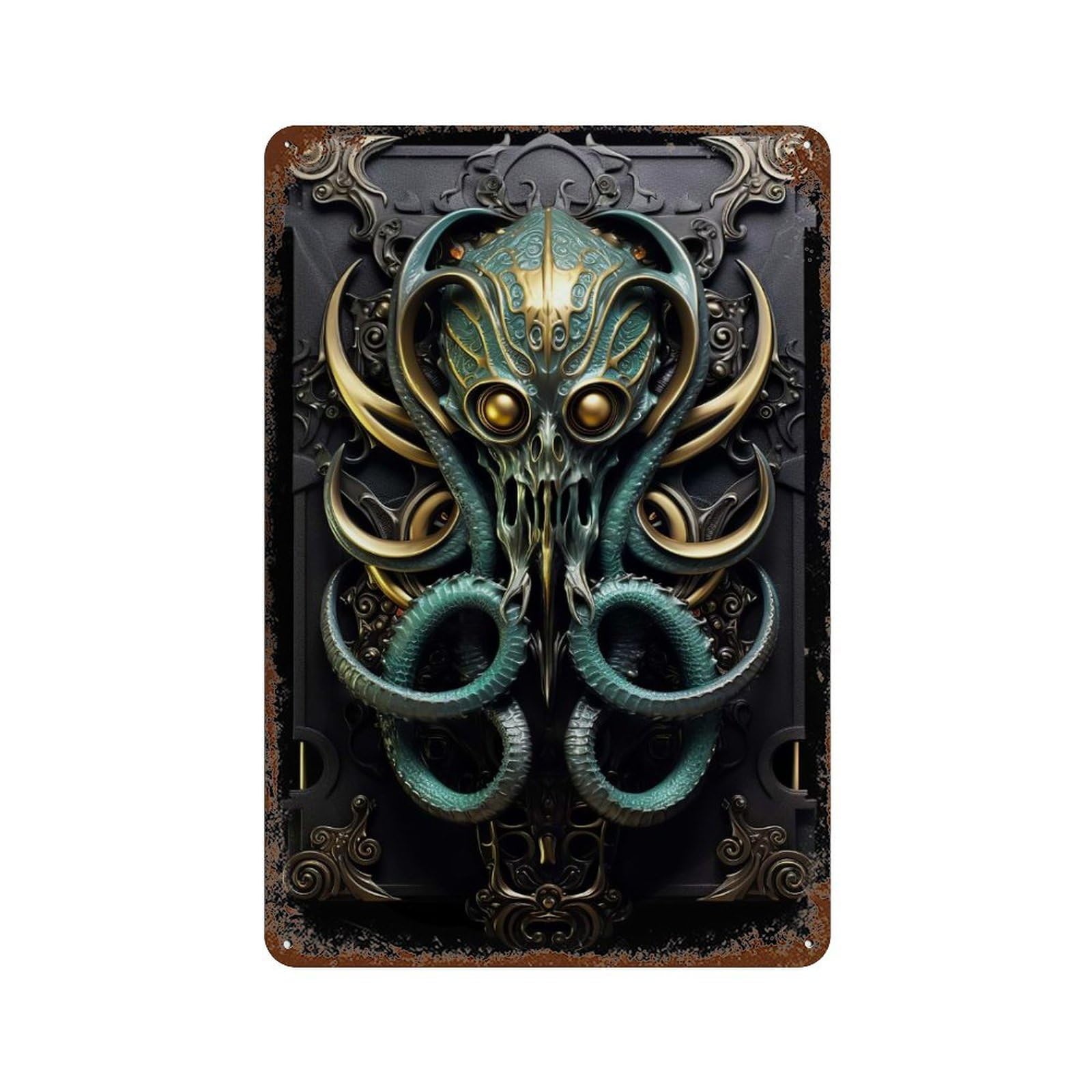 Golden Tentacled Kraken Distressed Metal Wall Sign 11.8"x7.9", Ideal for Patio, Garden Room And Bar Decor