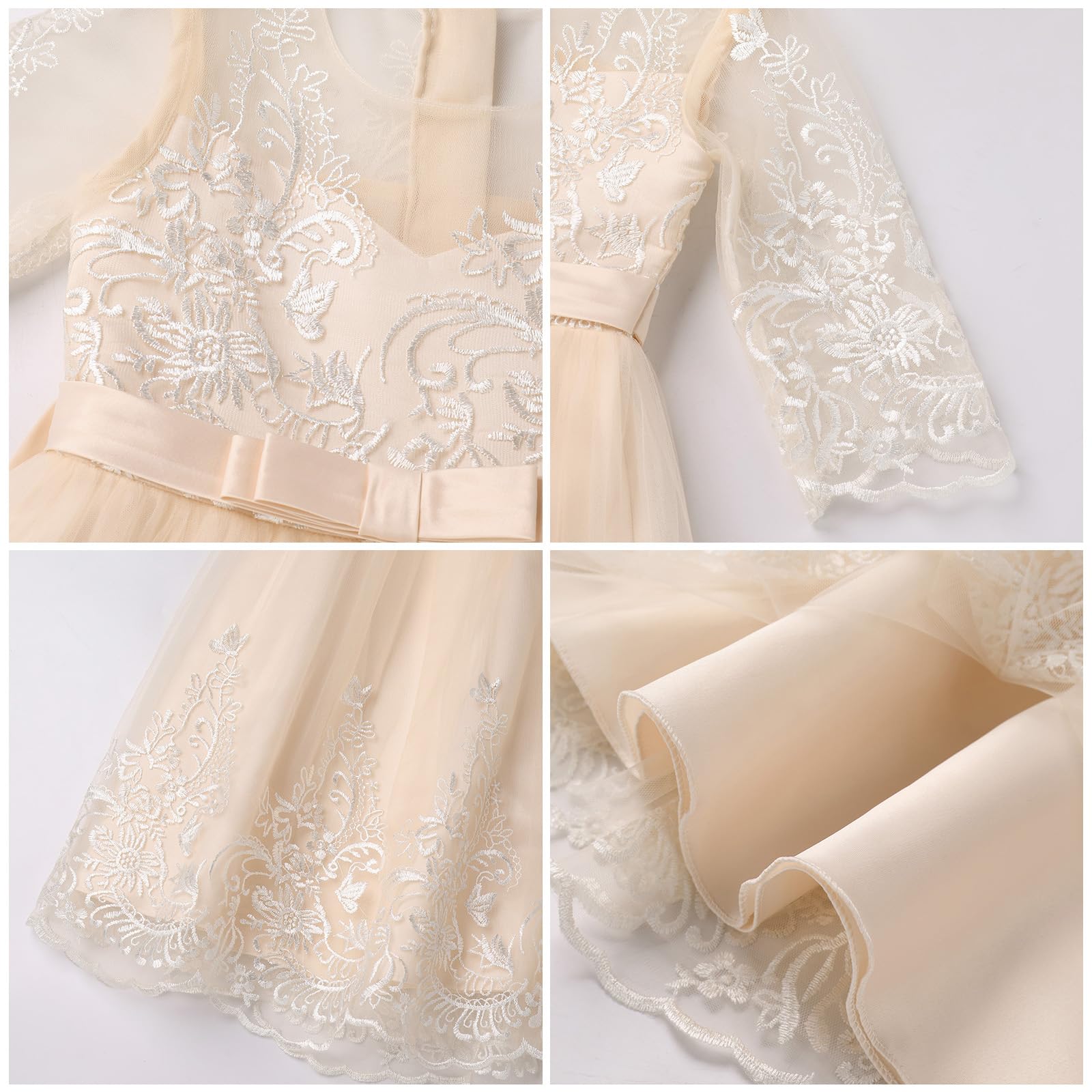 Odizli Vestidos de niña de flores para niñas con mangas 3/4, bordado de princesa, vestido de línea A, vestido festivo, boda, vestido largo de baile