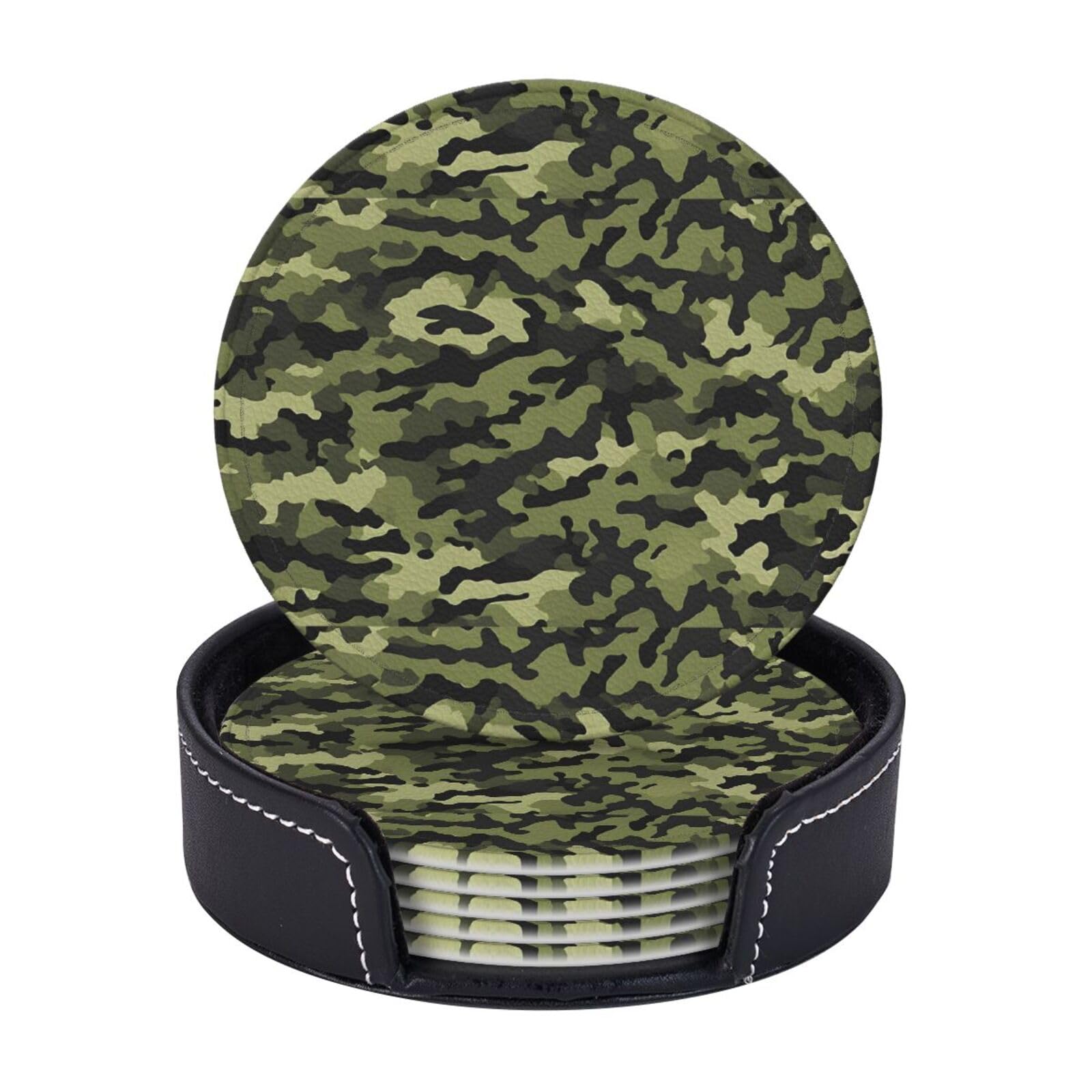 Coasters Set of 6 Microfiber PU leather Coasters with Holders for Drinks Coffee Bar Accessories, House Apartment Coffee Table Decor, Housewarming Gifts - Camouflage