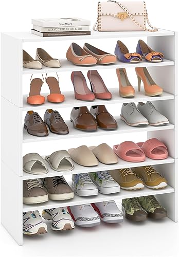 Miniatura 9 de SIMOE Zapatero vertical ajustable 3 en 1, estante de almacenamiento de esquina de madera apilable de 6 niveles para 18 pares, organizador que ahorra