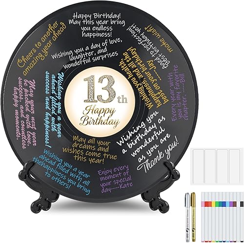 Miniatura 9 de 1 libro de invitados de vinilo retro de cumpleaños para fiesta, tablero de registro con 14 bolígrafos y 1 calcomanías decorativas, decoración de