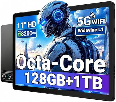 11 Inch Tablet, Octa-Core, 16GB RAM 128GB ROM 1TB Expand, 8200mAh Battery, WiFi 6 Bluetooth 5.3, HD IPS Screen, Dual Camera, Face Unlock, Android Tablet, Black