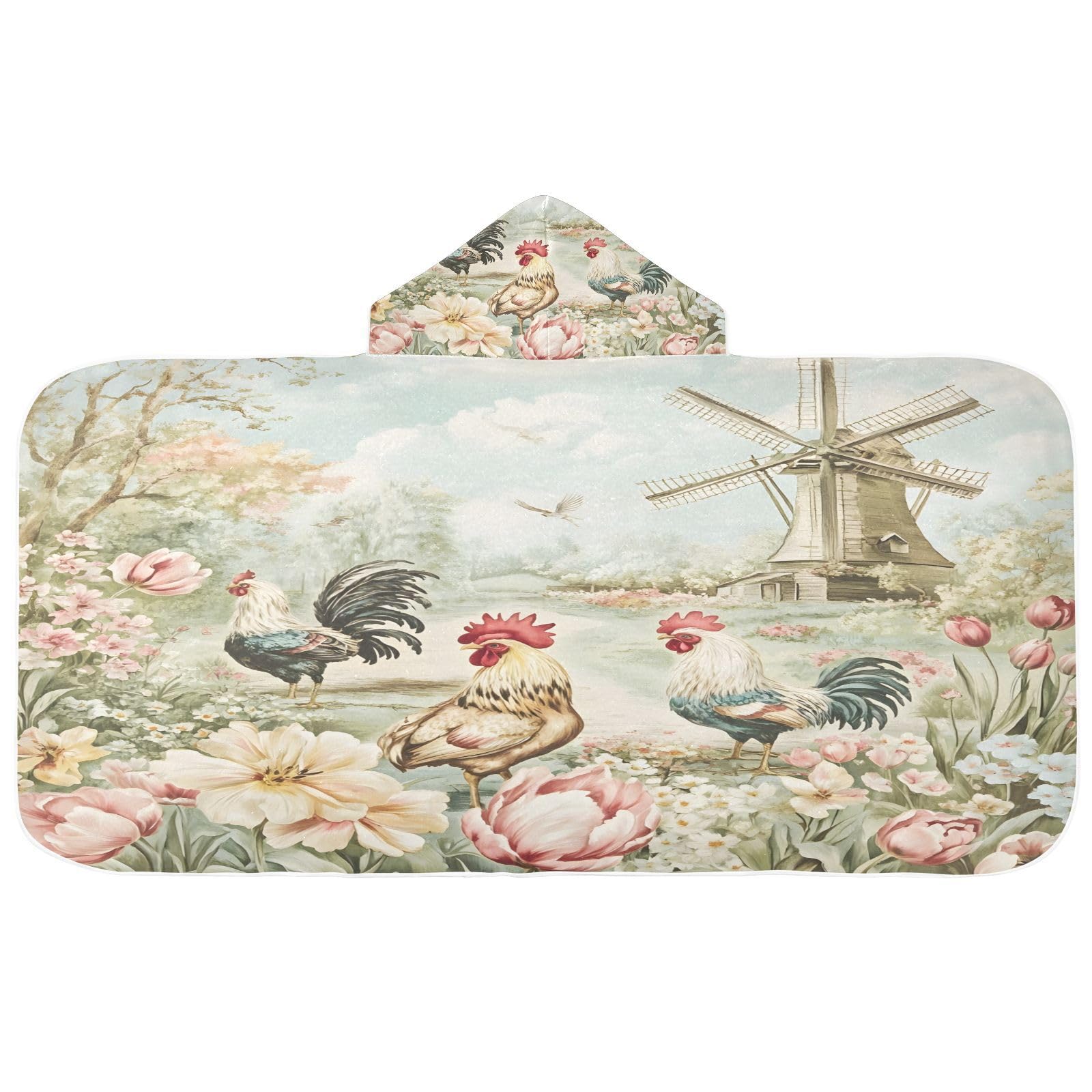 Kigai Rooster Flowers Hooded Beach Towel for Kids Soft Absorbent Quick Dry Bath Towel with Hood Lightweight Toddler Shower Pool Bath Wrap for Boys Girls