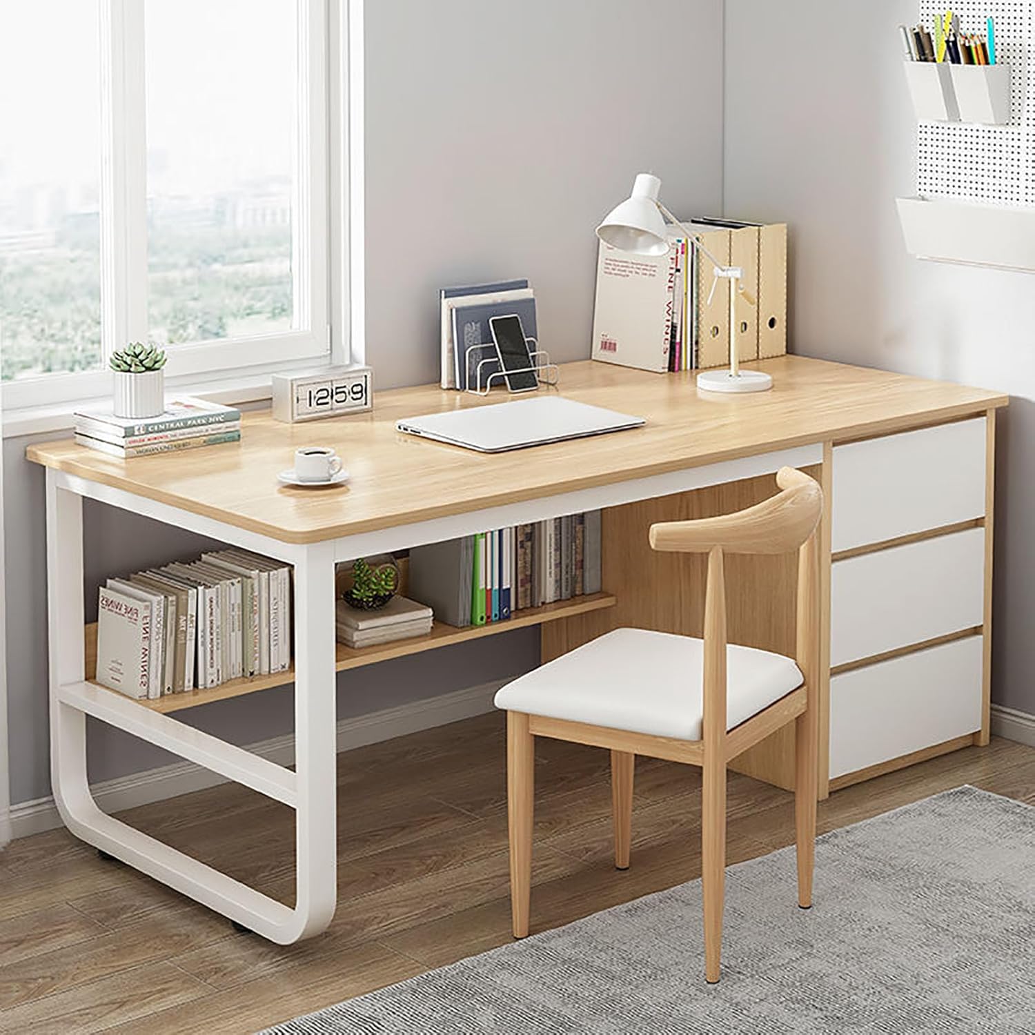 Computer Desk with 3 Drawers, Home Office Workstation Wood