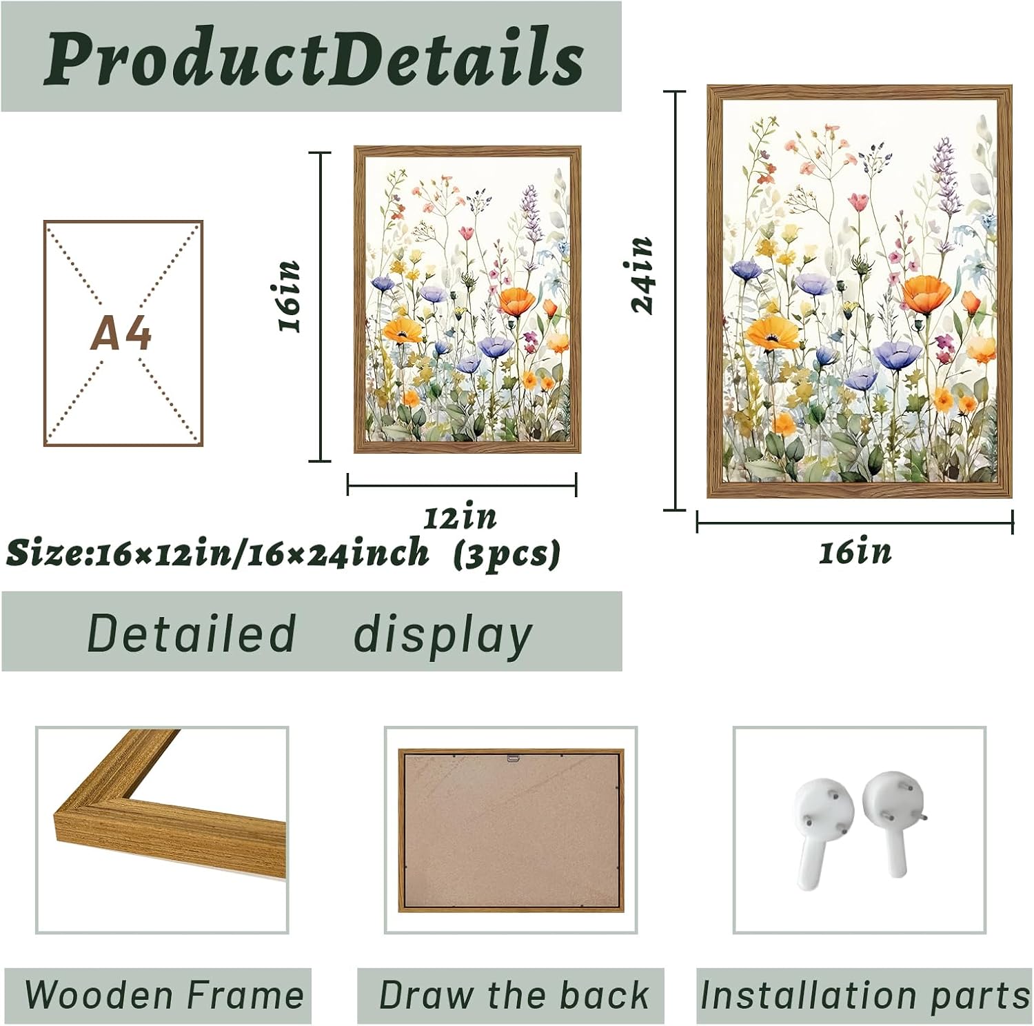3 Piece Colorful Wildflower Wall Art Set, Framed Spring Wall Decor, Watercolor Floral Painting Canvas Prints, Flower Pictures, Farmhouse Botanical Artwork for Living Room Bedroom 12x16 Inch