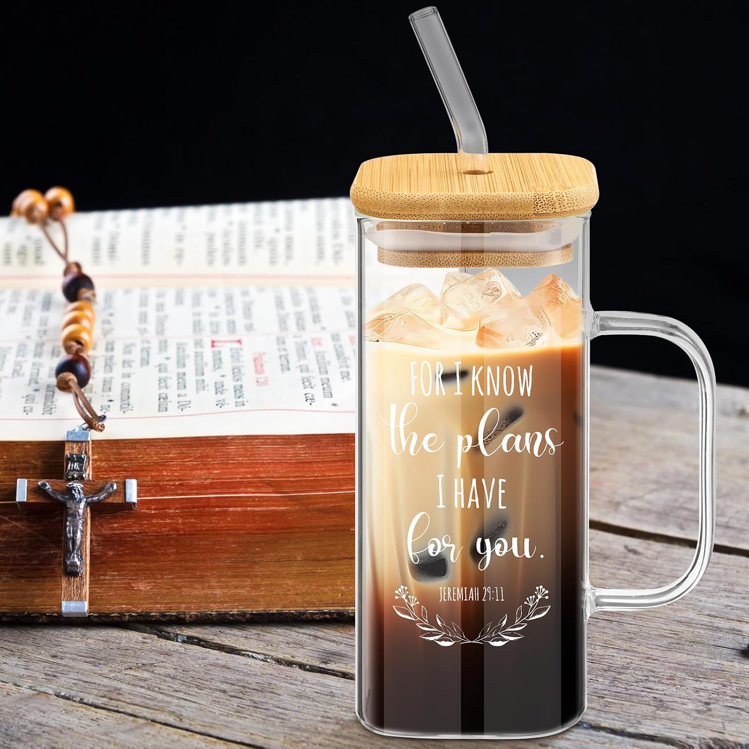 10 Pcs Christian Gifts for Mothers Day Bible Verse Glass Cup with Handle Lid Straw Brush and Sleeve 13.5oz Inspirational Religious Tumbler Gift for Women Men Employee Office(Christian)