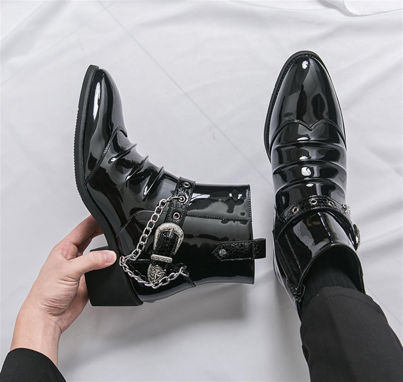 Stivaletti Uomo Vernice con Catena Punta Afilata Scarpe Eleganti Festa | Stivali Moda Uomo Cerniera Laterale Suola in Gomma Comodi Stile Punk Gotico Scarpe da Palco Club Party Cerimonia