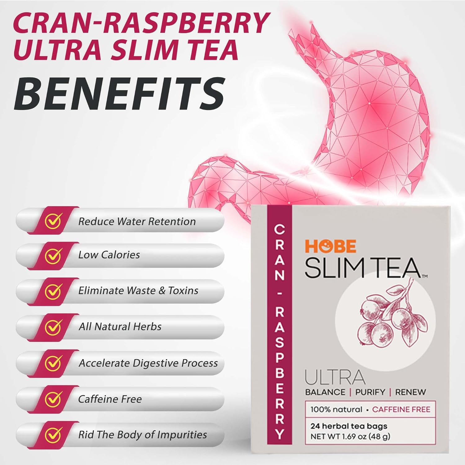 Hobe Labs Cran-Raspberry Tea - Natural Herbal Infusion for Body Balance and Refreshment - Caffeine-Free (96 Tea Bags)