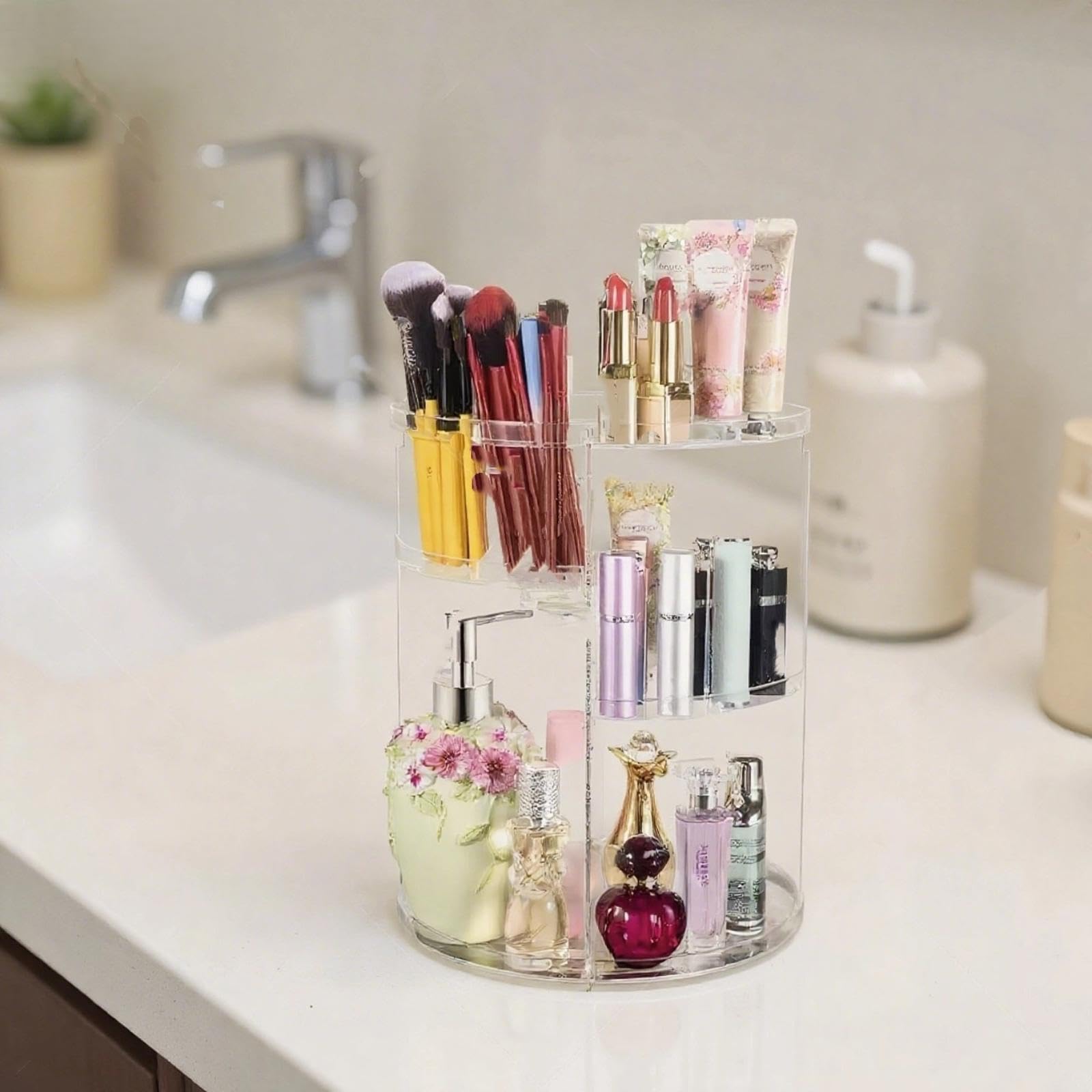 Generico Espositore per cosmetici con porta pennelli, porta profumi, portaoggetti girevole per il piano del bagno