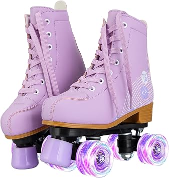 YYW Roller Skates for Girls and Women, Fantastic Pink Purple PU Leather Light Up Kids Youth Roller Skates, Indoor Outdoor