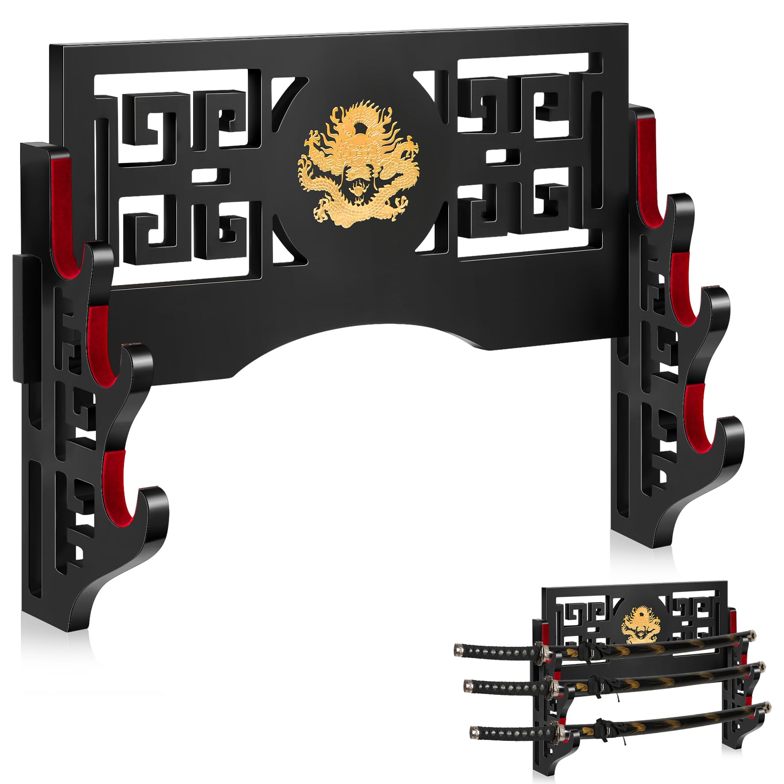 Barydat Katana Holder Sword Stand Wall Mount Samurai Sword Display Katana Rack Hanger Japanese Wakizashi Hobby Collection Gifts for Men(3 Tier,Loong)