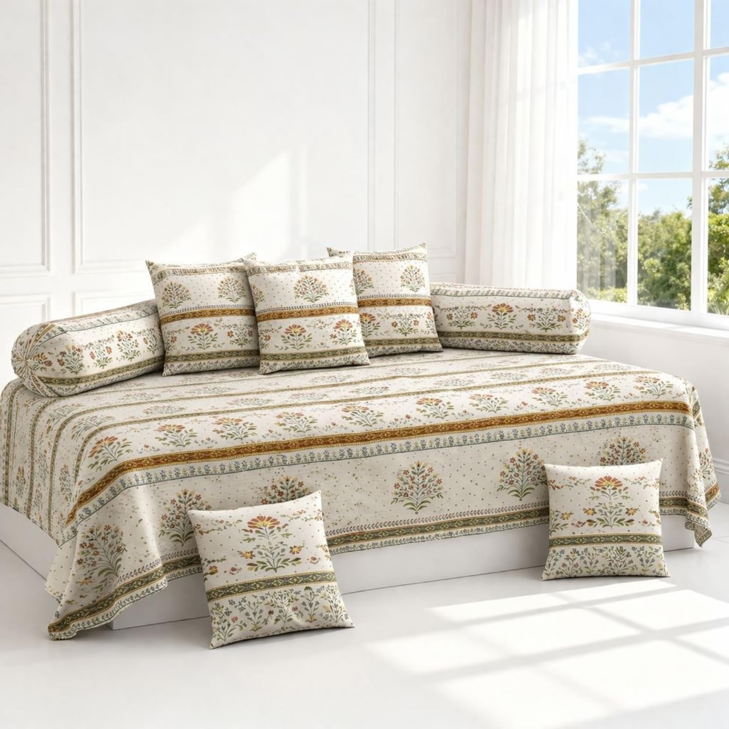 Diwan Set Cover with Geometric and Floral Printed, 1 Single Bedsheet with 5 Cushion Covers, 2 Bolster Covers, Multicolour (Cream)-image-31