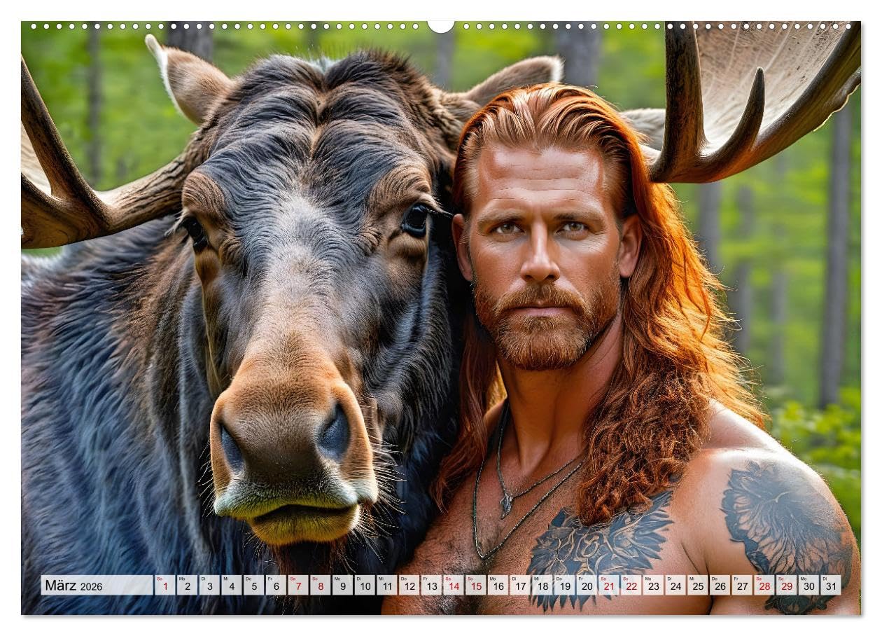 Naturburschen im Wald - Muskeln, Tattoos und Waldbewohner (hochwertiger Premium Wandkalender 2026 DIN A2 quer), Kunstdruck in Hochglanz: Einzigartige ... in tiefen Wäldern (CALVENDO Tiere)