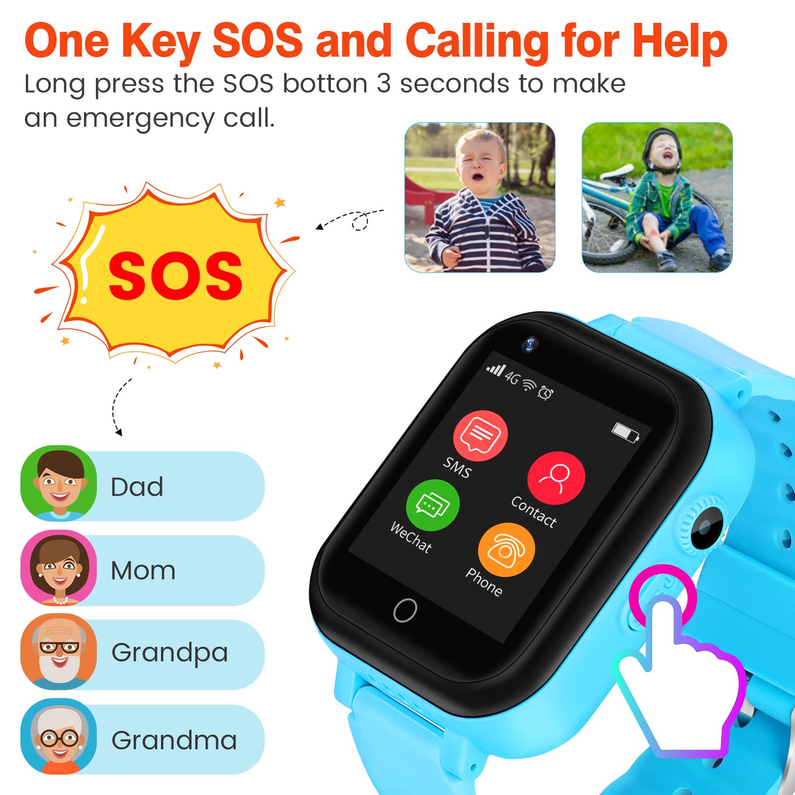 ele ELEOPTION Orologio intelligente per bambini 4G IP67 impermeabile con posizione GPS, fotocamera, SOS, chiamata, contapassi, touch screen, video chat Smart Watch per ragazzi e ragazze (blu T16)