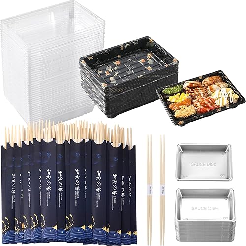 Juego de vajilla desechable para 50 bandejas recipientes de sushi con tapas de 7.3 x 5.1 pulgadas, cajas desechables para sushi para llevar, 50