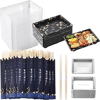 Disposable Dinnerware Set for 50pcs Sushi Trays Containers with Lids 7.3x 5.1 Inch Disposable Sushi Take Out Boxes, 50 Pairs Japanese Bamboo Chopsticks, 100pcs Soy Sauce Dishes