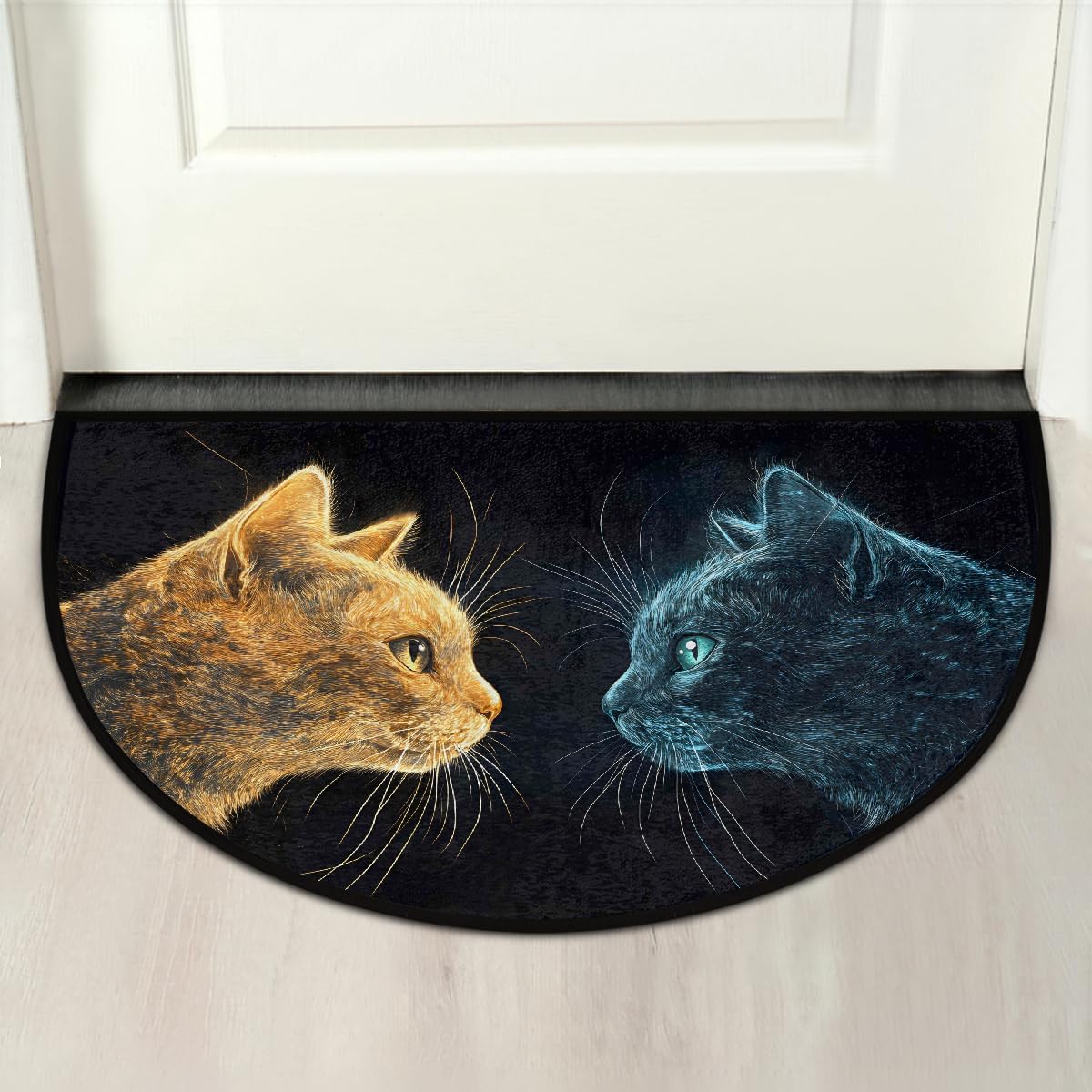 Black cat Animal Half Round Door Mat Non Slip Washable Semi Circle Area Rug Absorbent Soft Half Moon Rug Floor Mat for Indoor Outdoor Kitchen Bathroom Patio Front Door Mat Decor