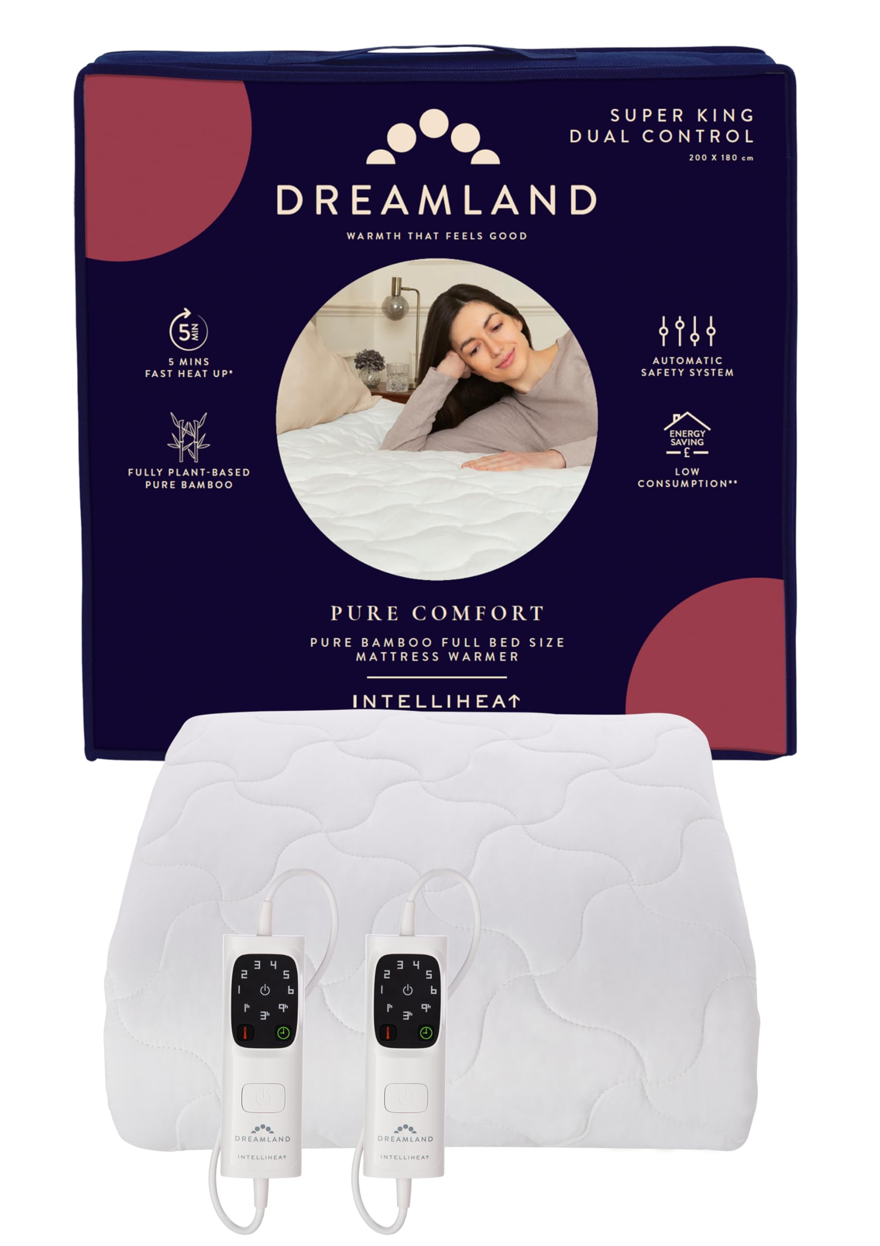 Dreamland โ Super King 100% Bamboo Electric Blanket, 2 Detachable controls, Fast Heating Underblanket, 6 Heat Settings, Hypoallergenic, Auto Safety Shut Off, 200x180cm, Heated Blanket, Super King Bed