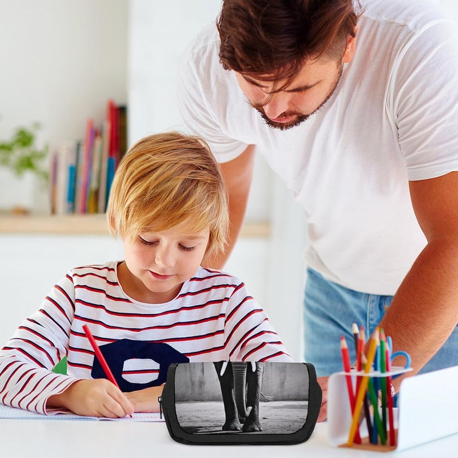 Pencil Case Black White Elephant Large Capacity Pencil Case Double Zipper Storage Bag 2 Compartments Portable Multifunctional Bag Desk Organizer Marker Pen Case