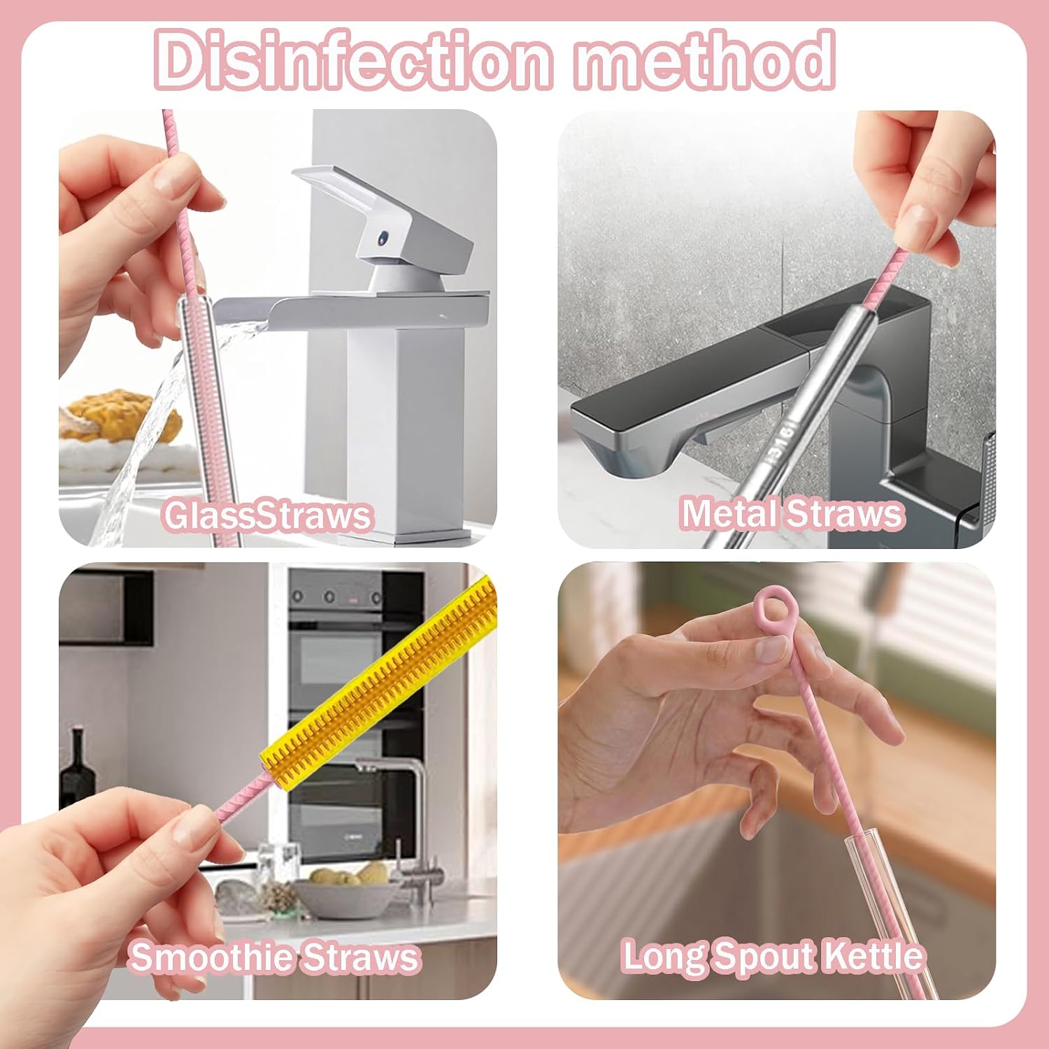 2Pcs Silicone Straw Cleaner Brush. Extra Long 12.6In Reusable Straw Brush for Cleaning Glass Metal Straws, Soft and Bendable Anti Slip Handle (Pink)
