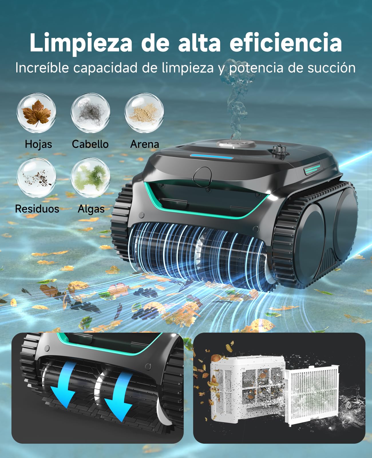 WYBOT C2 Limpiafondos Piscina Robot Inalámbrico, 3 Motores, Doble Filtración, Limpieza Paredes y Línea de Agua, Autonomía 180 Min, para Piscinas Enterradas hasta 150㎡, App(Verde carbón-Gris)